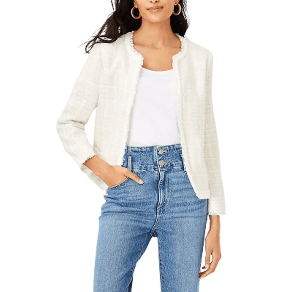 Ann Taylor White Tweed Open-Front Blazer Jacket